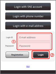 7. Image for ① Returning to the login page and inputting your email address and password, and ② Tapping “Log in”
